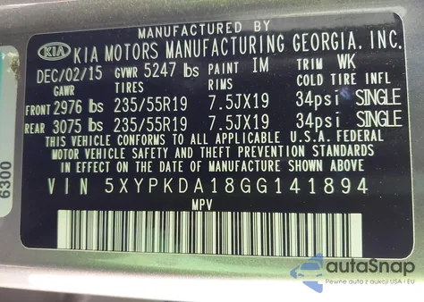 2016 Kia Sorento 2.0T Sxl from USA, damaged, VIN 5XYPKDA18GG141894